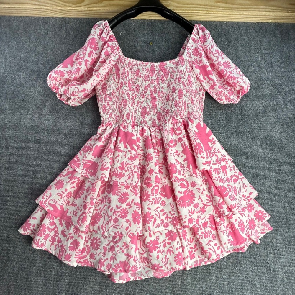Entro Pink Floral Smocked Tiered Romper Dress Puff Sleeve Skort Mini Medium